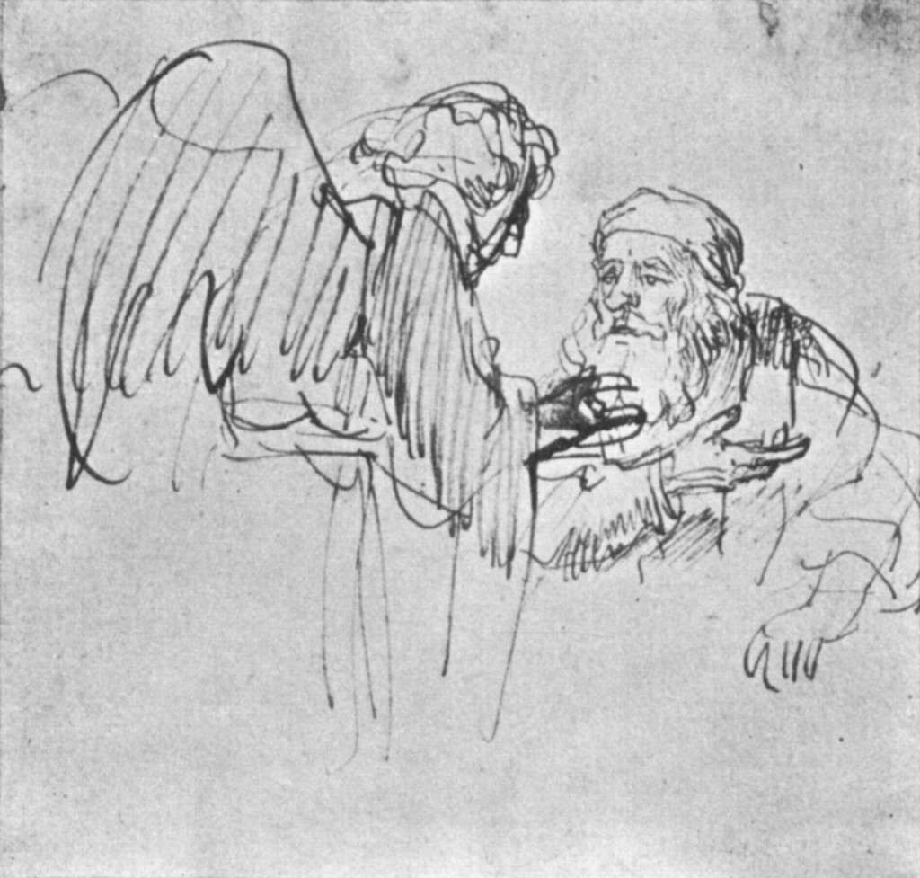 Rembrandt speaking with an angel. 1636-1637.