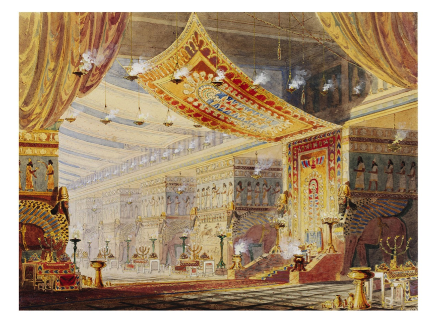 F. Lloyds (c. 1853), design for the scenery for ‘Sardanapalus’, a 1821 historical tragedy by Lord Byron, amongst others based upon Diodorus (c. 1853 performed in the Princess’s Theatre, London –producer Charles Kean), watercolour and bodycolour, © Victoria and Albert Museum, London.